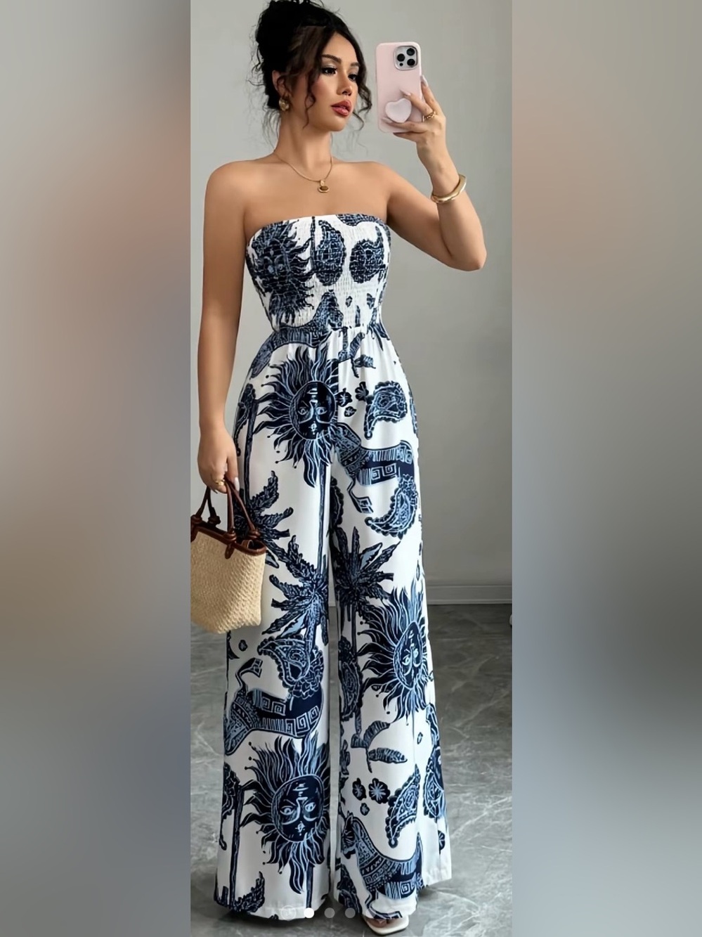 Wide-Leg Printed Jumpsuit in Navy and White Size L Stretchy